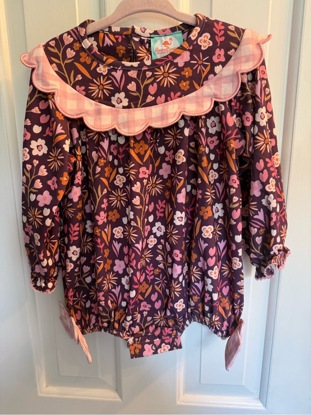 The Smocked Flamingo Floral Bubble Romper Pink Gingham Ruffle Girls